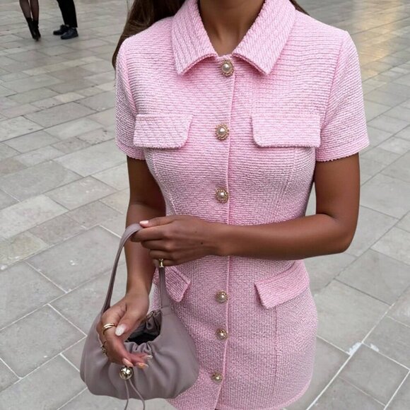 Dresses & Skirts - Baby Pink Elegant Women's tweed Short Sleeve Single-Breasted Mini Dress